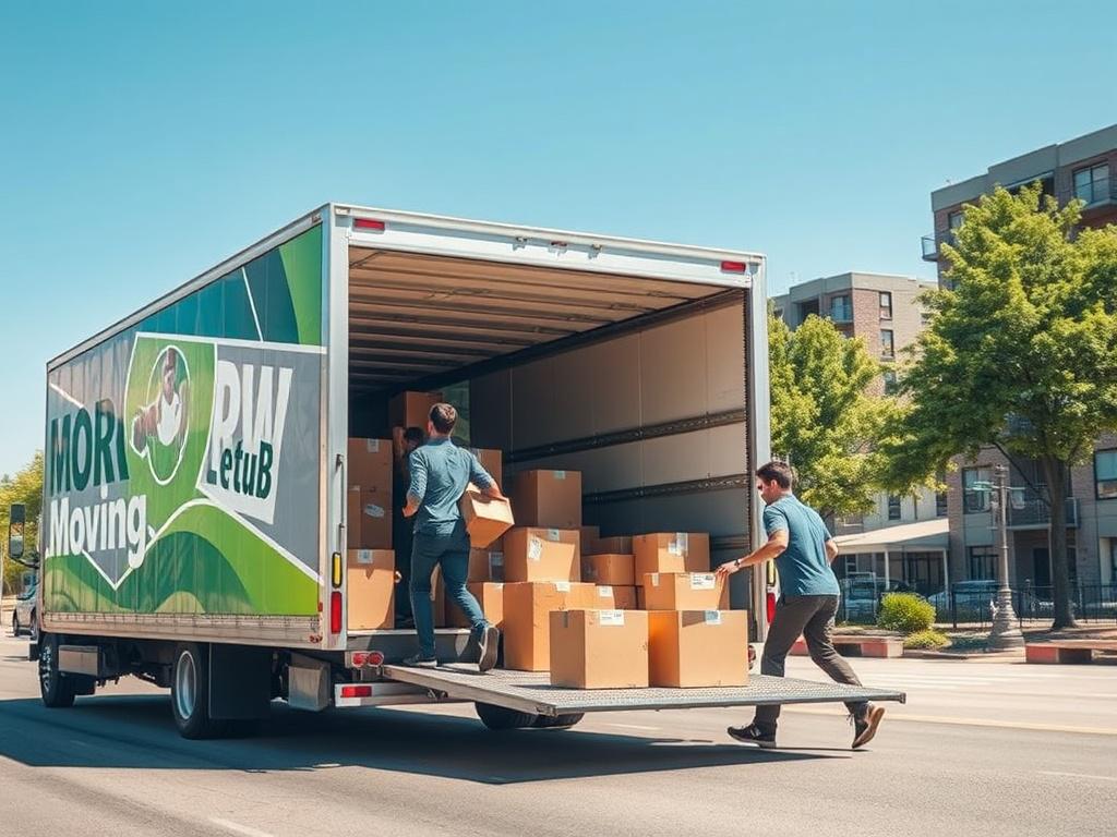 A high-resolution, photorealistic image showing a moving team swiftly loading a moving truck with packed boxes during daylight in a vibrant urban Austin setting. The scene uses clean lines and bold, vibrant greens in rgb(50, 170, 39) as accent colors. The composition highlights speed and professionalism with the moving crew in action against a clear blue sky.