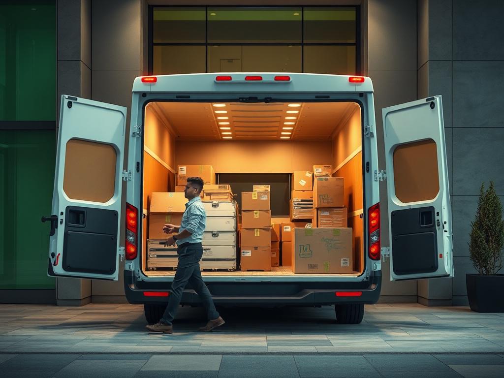 A photorealistic, high-resolution image of professional movers carefully relocating office equipment and boxed documents into a sleek, branded moving van. The setting is a modern commercial building entrance with clean architectural lines and a bold green accent matching rgb(50, 170, 39). The composition centers on the movers and equipment, emphasizing precision, care, and speed.