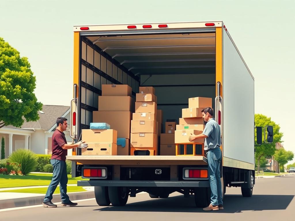 A realistic high-resolution photo of a professional moving team carefully loading a modern, eco-friendly moving truck with household boxes and furniture. The background features a vibrant Austin neighborhood with clear skies, clean lines, and a bold, vibrant color palette emphasizing green tones, particularly rgb(50, 170, 39). The composition is simple, focusing on the moving truck and team, showcasing reliability and efficiency.