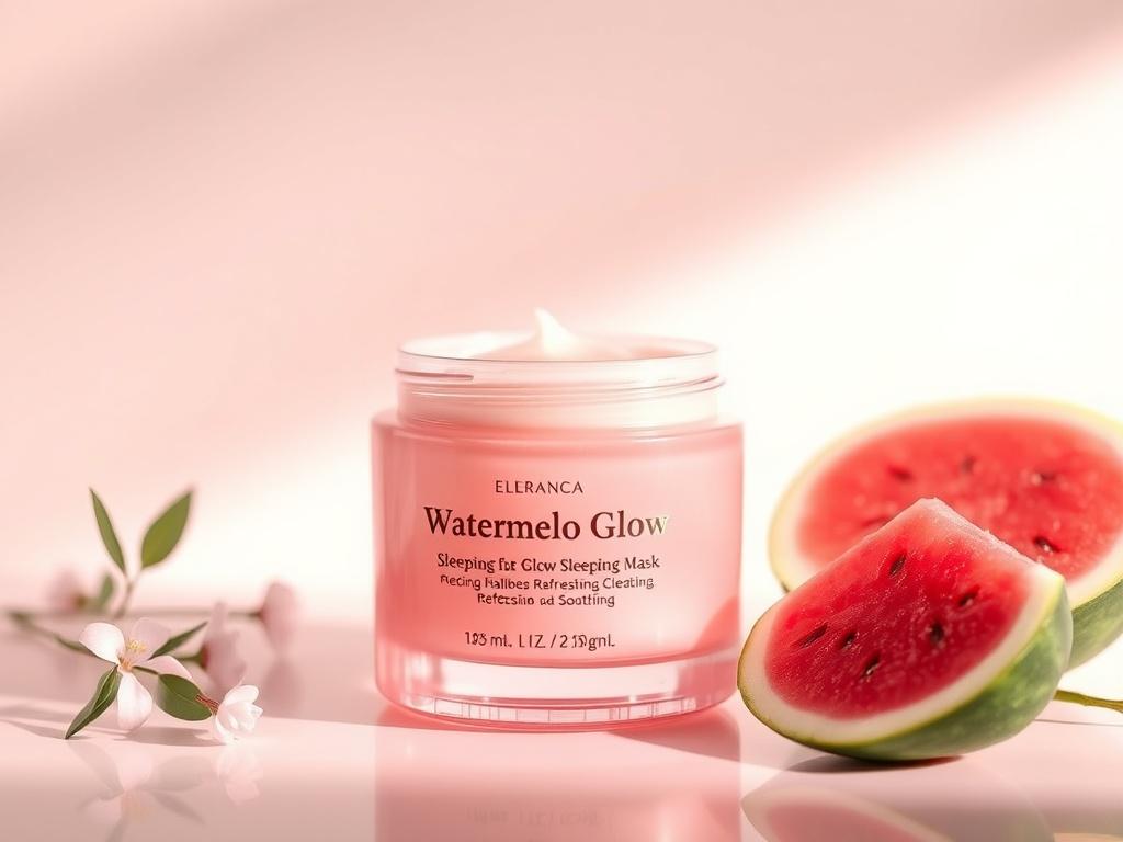 A serene high-resolution photo of the Watermelon Glow Sleeping Mask jar, positioned elegantly in a calming, softly lit environment, emphasizing its refreshing and soothing properties.