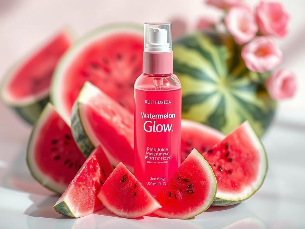 A vibrant high-resolution photo of the Watermelon Glow Pink Juice Moisturizer bottle, surrounded by fresh watermelon slices, set in a bright, cheerful atmosphere that highlights its refreshing qualities.
