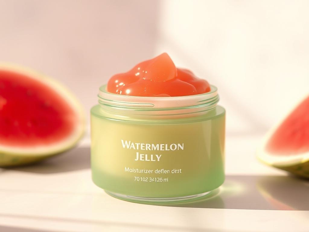 A high-resolution photo of a jar of Watermelon Jelly Moisturizer with a bouncy texture, set against a soft, gentle background that reflects a peaceful atmosphere, enhancing the fresh and fruity essence of the product.