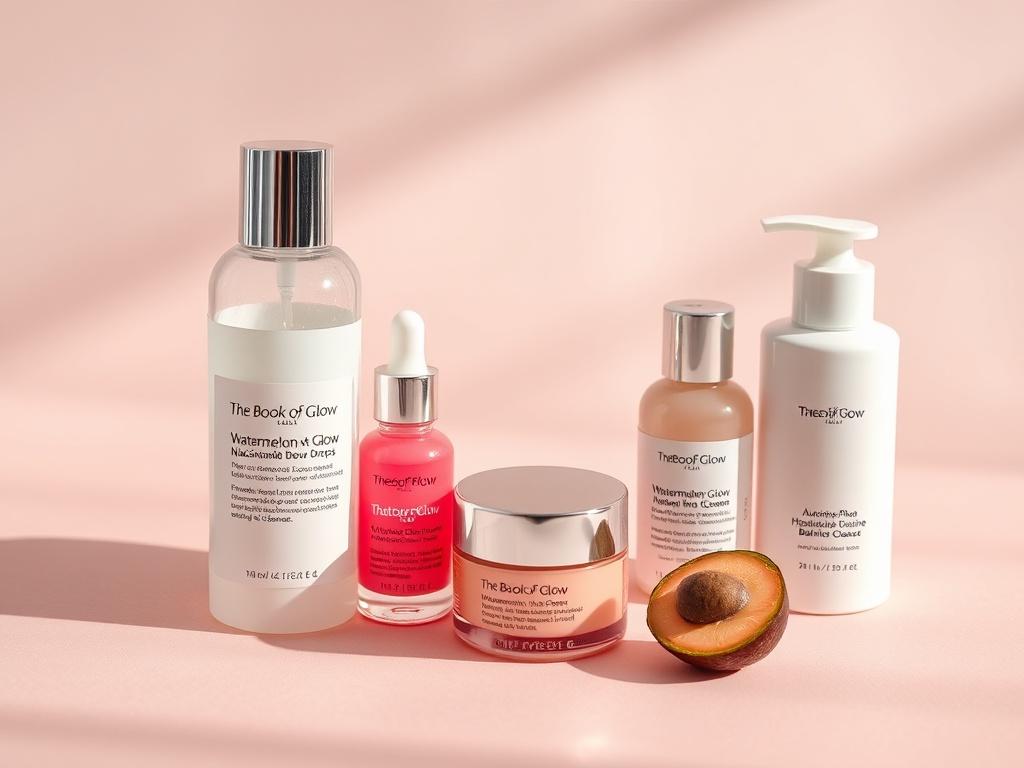 A high-resolution image of The Book Of Glow skincare set arranged neatly on a soft, pastel-colored background. The focus should be on the individual smaller-sized products, including the Watermelon Glow PHA + BHA Pore-Tight Toner, Watermelon Glow Niacinamide Dew Drops, Plum Plump Hyaluronic Cream, and Avocado Ceramide Moisture Barrier Cleanser. The lighting should be gentle and inviting, creating a peaceful atmosphere that emphasizes the fresh and fruity essence of the products.