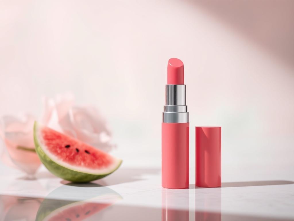 A high-resolution image of the Watermelon Glow Lip Pop, featuring a clear view of the product tube with a soft, gentle lighting. The background should be a peaceful atmosphere with subtle pastel colors, focusing solely on the lip treatment tube, showcasing its vibrant pink hue and sleek design, reflecting freshness and vitality.