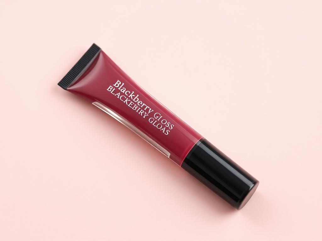 A realistic high-resolution photo of a tube of Blackberry Gloss, elegantly placed on a soft pastel-colored background. The gloss tube should be sleek and modern, emphasizing its aesthetic appeal. The lighting should be gentle, highlighting the glossy finish of the product while creating a peaceful atmosphere. The composition should be simple, ensuring the focus remains solely on the Blackberry Gloss tube.