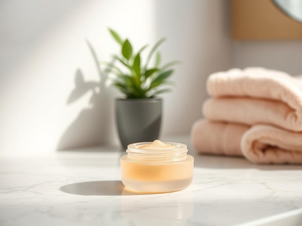 A serene bathroom setting featuring a single jelly skincare product, such as a jelly moisturizer, placed on a marble countertop. Soft, gentle lighting enhances the product's glossy texture, with pastel-colored towels and a potted plant in the background. The overall atmosphere is calm and inviting, showcasing the product as the focal point against a soothing backdrop.