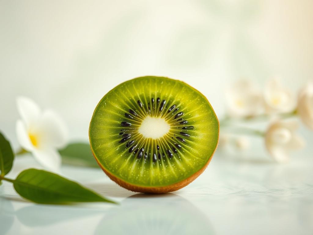 Create a realistic high-resolution photo that captures the essence of "The Benefits of Fruit-Powered Skincare." Focus on a single subject: a fresh, vibrant slice of a kiwi fruit, with its rich green flesh and speckled black seeds highlighted prominently. Place the kiwi slice in the center of the image, showcasing its textured surface and natural beauty. 

For the background, use a soft, blurred setting that enhances a peaceful atmosphere—think gentle colors like pastel greens and warm whites, reminiscent of
