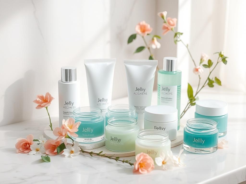 An elegant display of various Korean jelly skincare products on a marble countertop, showcasing their unique textures and packaging. The scene should include jelly cleansers, jelly masks, and moisturizers, all arranged with delicate flowers and greenery. Soft, diffused lighting enhances the luxurious feel, inviting viewers to explore the beauty of jelly skincare.