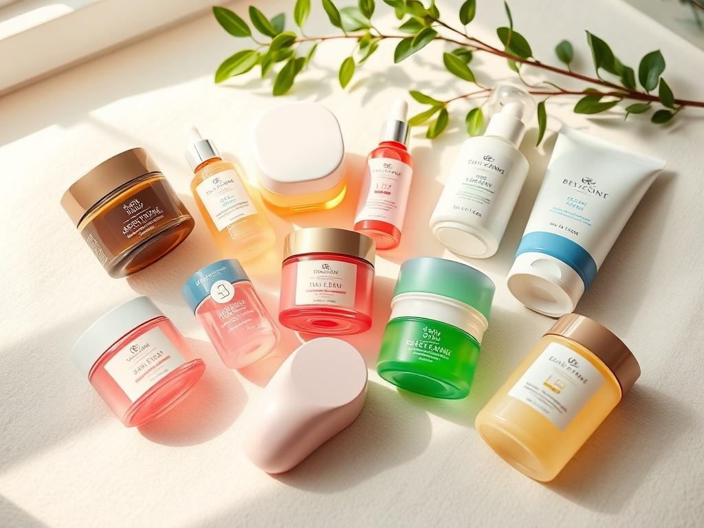 A serene flat lay of various jelly skincare products including jelly moisturizers, jelly face masks, and jelly cleansers arranged aesthetically on a soft, textured surface. The products should be vibrant and colorful, showcasing their packaging clearly. Soft natural lighting enhances the peaceful atmosphere, with hints of greenery in the background to evoke a fresh and clean vibe.