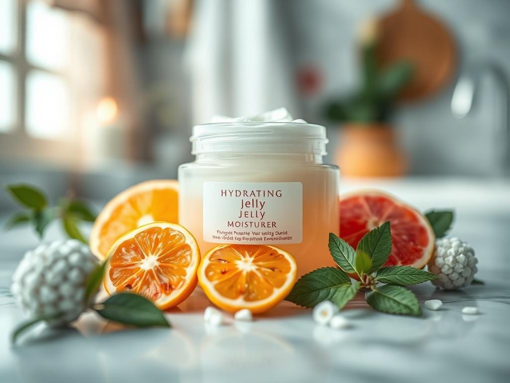 A close-up of a beautiful jar of hydrating jelly moisturizer with a smooth texture, surrounded by fresh fruits and natural ingredients. The scene should convey a sense of freshness and vitality, with soft hues of pastel colors and gentle lighting to create a calming atmosphere. A blurred background of a serene bathroom setting adds to the overall peaceful vibe.