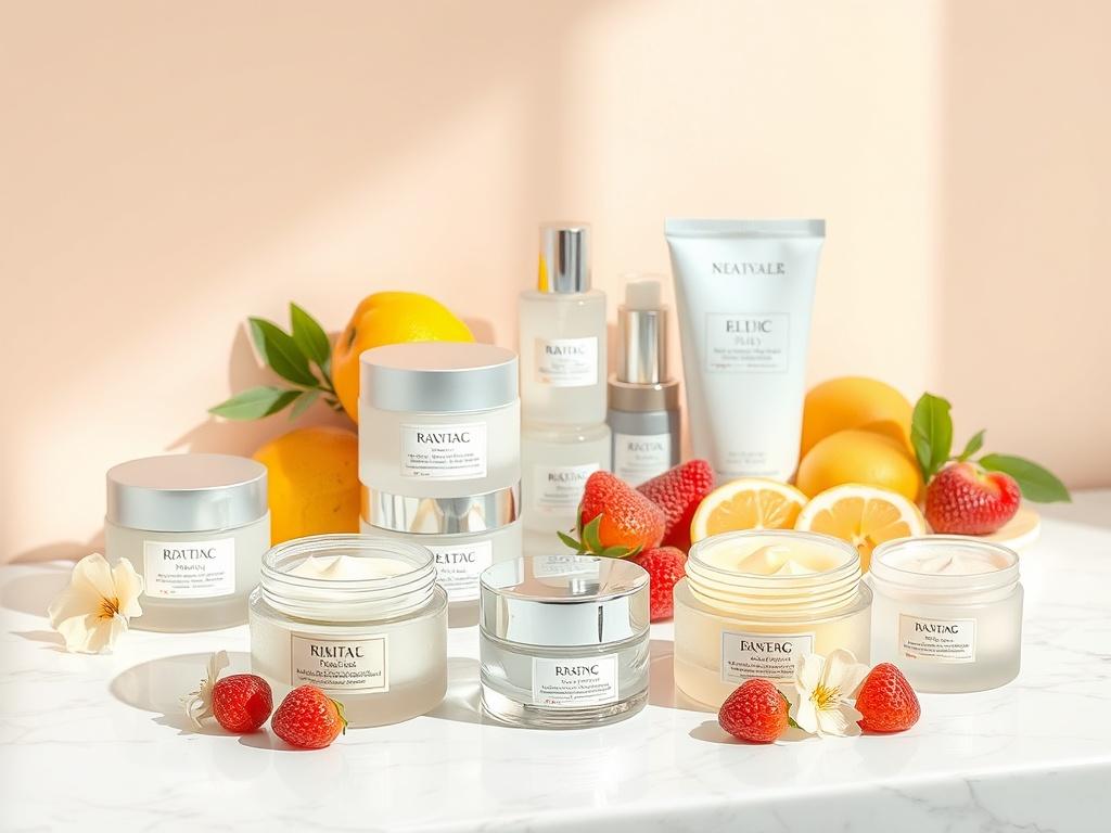 A high-resolution image showcasing a variety of jelly skincare products, including jelly moisturizers, jelly face masks, and jelly cleansers, elegantly arranged on a marble countertop. Soft lighting highlights the textures of the products, with some surrounded by fresh fruits and flowers, emphasizing the clean and natural ingredients. The background is a gentle pastel color to evoke a calming atmosphere, suitable for a skincare brand.