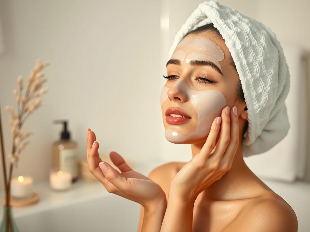 A serene high-resolution image of a woman applying a jelly face mask in a peaceful bathroom setting. The atmosphere is tranquil, with soft lighting and gentle decor. The focus is on the woman's glowing skin and the jelly mask's texture, highlighting the luxurious experience of using this skincare product.
