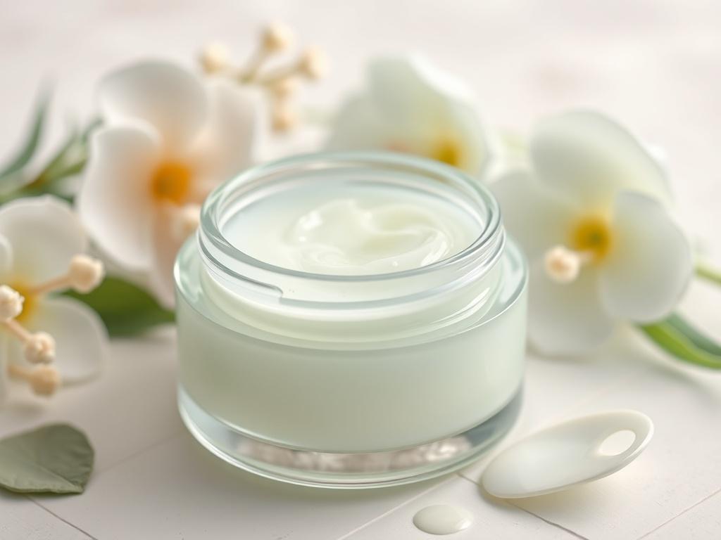 A close-up high-resolution image of a hydrating jelly moisturizer in a jar, with a small spatula beside it. The creamy jelly texture is visible as it glistens under soft lighting. The background features a delicate arrangement of soothing colors, such as soft greens and blues, reflecting a calming skincare experience.