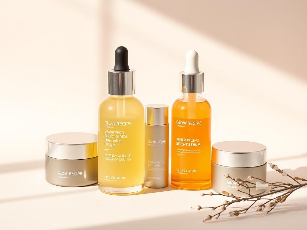 A realistic high-resolution image of the Glow Recipe Experience Kit, featuring an assortment of skincare products elegantly arranged on a light, soft-toned background. The kit should include a bottle of Watermelon Glow Niacinamide Dew Drops and a bottle of Pineapple-C Bright Serum, both clearly visible. The lighting should be gentle and inviting, creating a peaceful atmosphere that showcases the products' vibrant colors and sleek packaging.
