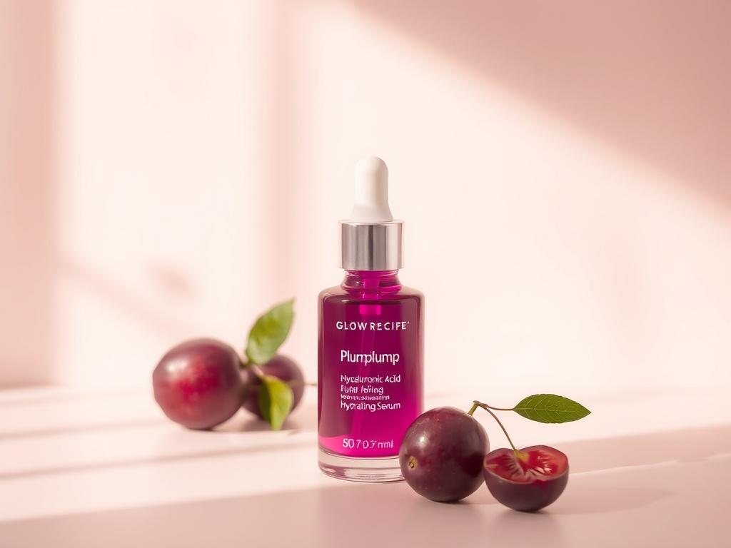 A realistic high-resolution image of Glow Recipe Plum Plump Hyaluronic Acid Hydrating Serum. The serum bottle should be centered in the image with a soft, gentle light illuminating its vibrant plum color. The background should be minimalist and calming, featuring soft tones that evoke a peaceful atmosphere. No other objects should be present, ensuring the focus remains solely on the serum bottle.
