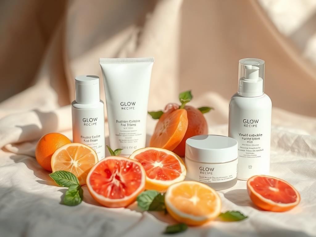 A serene skincare setup featuring an array of Glow Recipe products, beautifully arranged on a soft, light-toned surface. The background features gentle lighting and soft textures that evoke a peaceful atmosphere. The focus is on the vibrant colors of the skincare products, emphasizing their fruit-inspired ingredients, creating an inviting and refreshing scene.