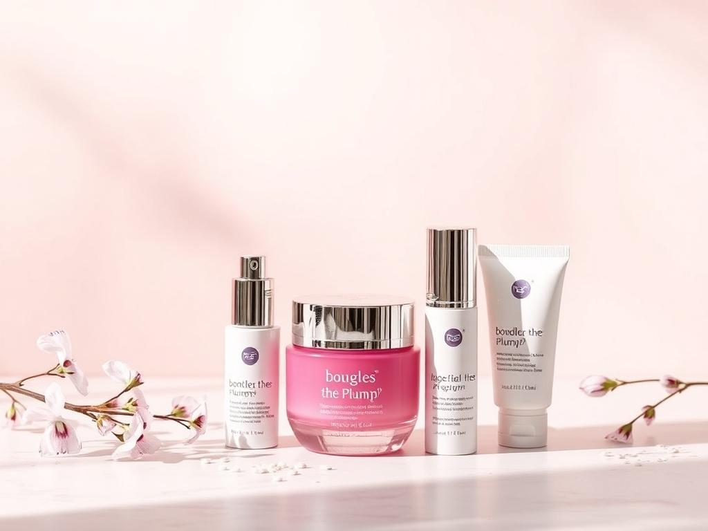 A realistic high-resolution image of the Double the Plum(p) Kit, featuring the skincare products prominently displayed against a soft, serene background. The products are arranged elegantly, showcasing their packaging with gentle lighting to highlight their textures. The scene conveys a peaceful atmosphere, emphasizing the luxurious and effective nature of the skincare set.