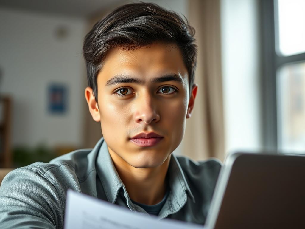 A close-up shot of a student preparing for a visa interview, looking confident and focused. The setting is a well-lit room with documents and a laptop. The student’s expression reflects determination and readiness, emphasizing the importance of this step in their academic journey.