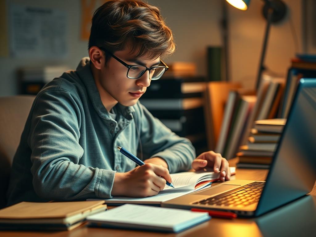 A close-up shot of a student working intently on their college application, surrounded by notebooks and a laptop. The lighting is warm and cozy, creating an atmosphere of focus and determination. The background features academic materials, symbolizing preparation and effort.
