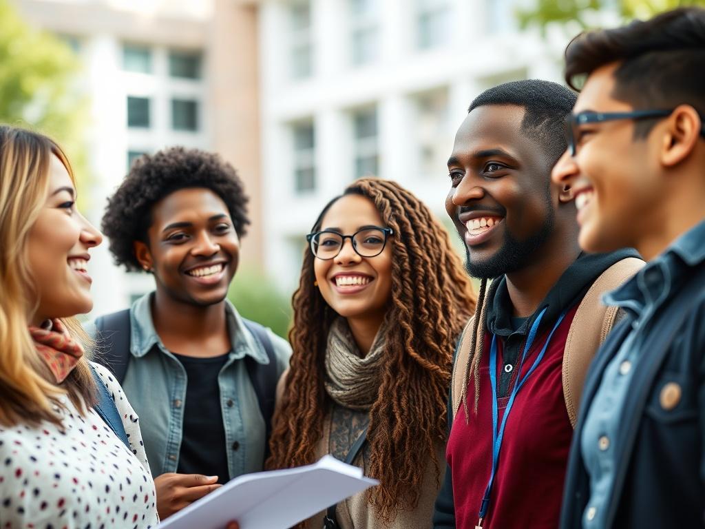 A close-up shot of a diverse group of students discussing scholarship opportunities. The setting is bright and inviting, with a university campus in the background. The students are engaged, smiling, and showing excitement. The composition is focused on their expressions, capturing the essence of hope and ambition.