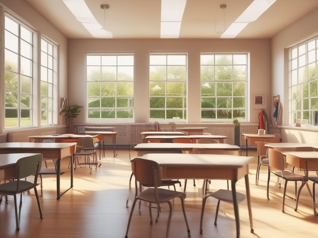 A serene classroom setting with students engaged in learning, soft