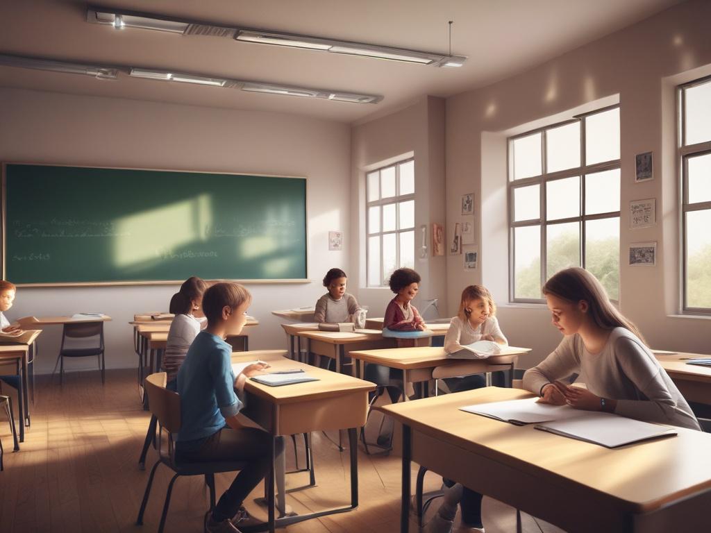 A classroom with students engaged in learning activities, a teacher