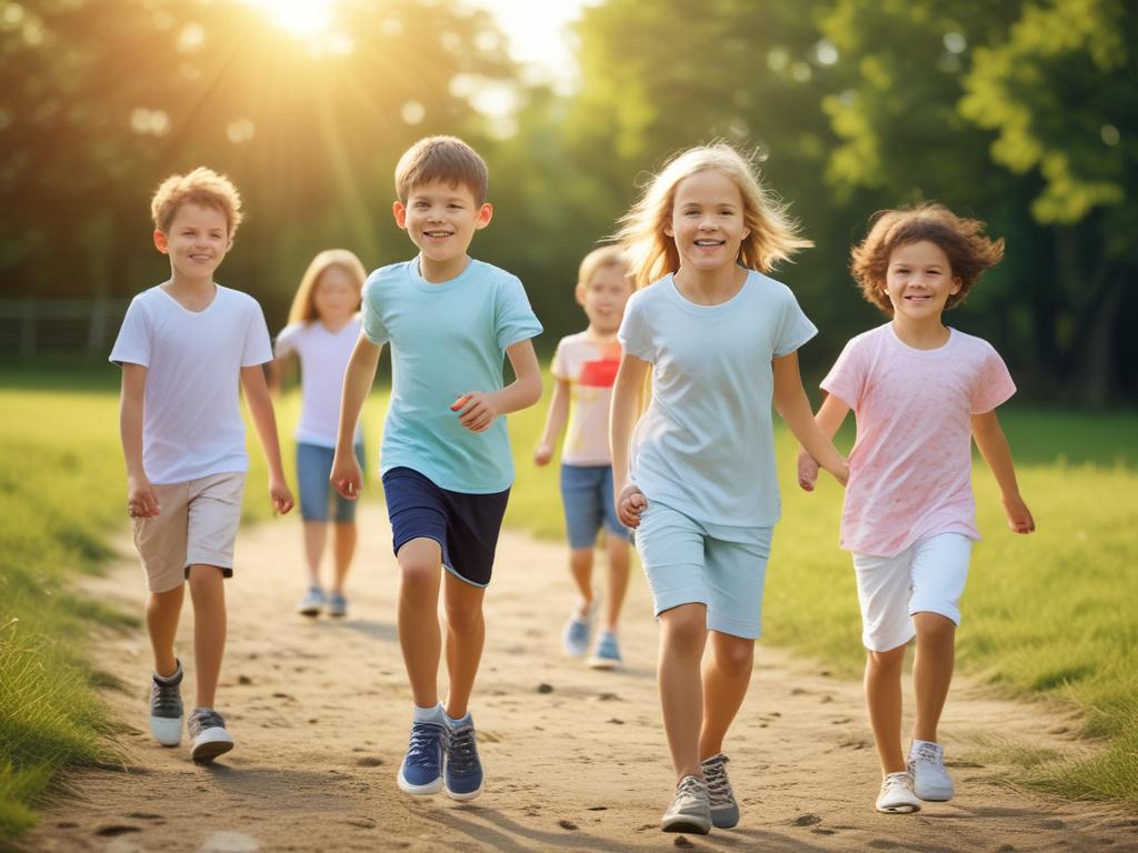 Children participating in summer activities, playing sports and arts, sunny