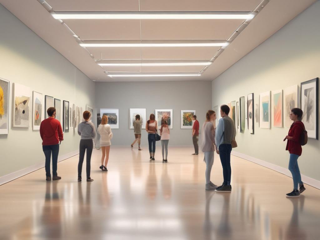 An art exhibition in a school hall with students presenting