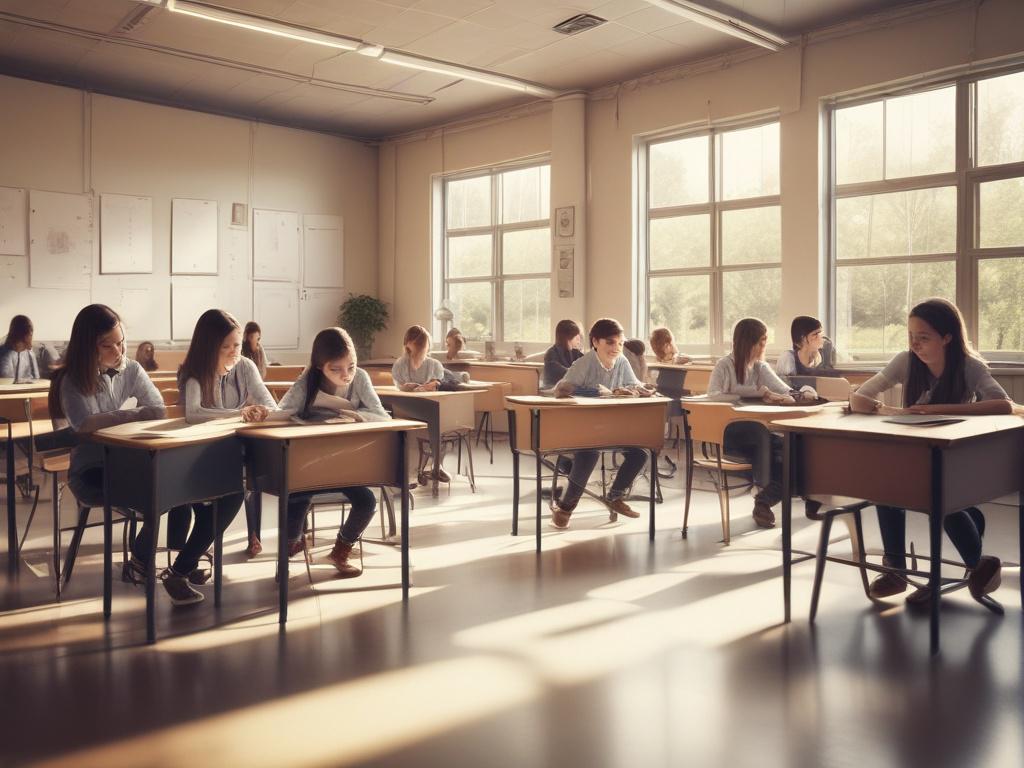 Students participating in a school competition, soft lighting, engaging atmosphere
