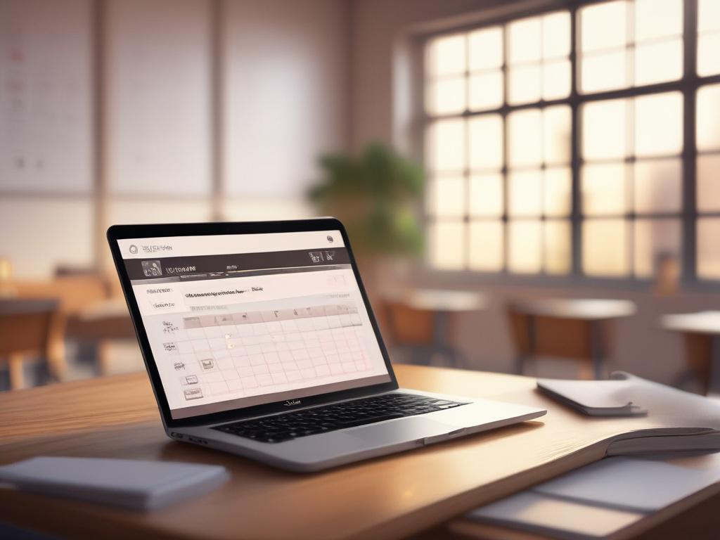 A digital classroom schedule displayed on a laptop, soft ambient lighting, educational context