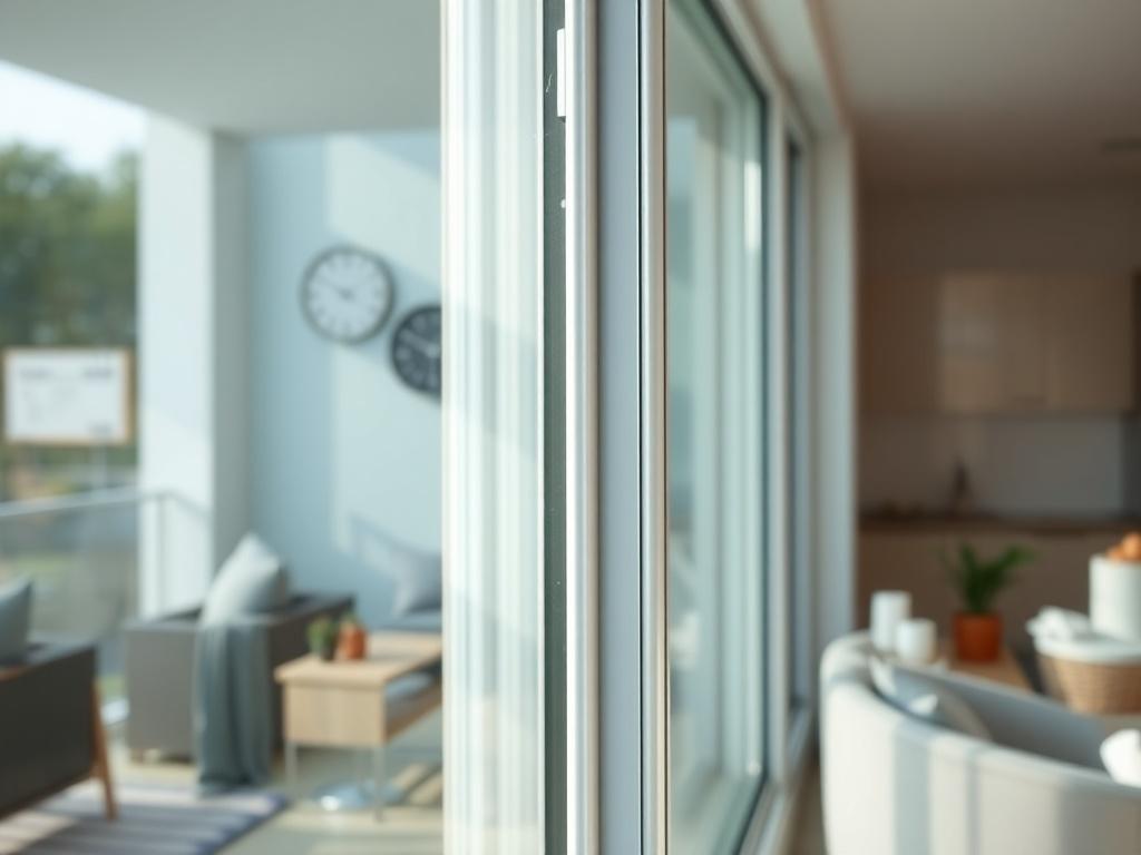 A realistic high-resolution close-up shot of the Baydee 2.5 Track 90 Series UPVC sliding door/window system. Focus on the sleek frame and glass panels, highlighting the smooth operation of the sliding mechanism. The background should be a modern residential setting, showcasing a balcony or living room environment with natural light illuminating the installation. Ensure the colors are vibrant, particularly the white frame with a glossy finish, and capture the detail of the integrated mosquito mesh track.