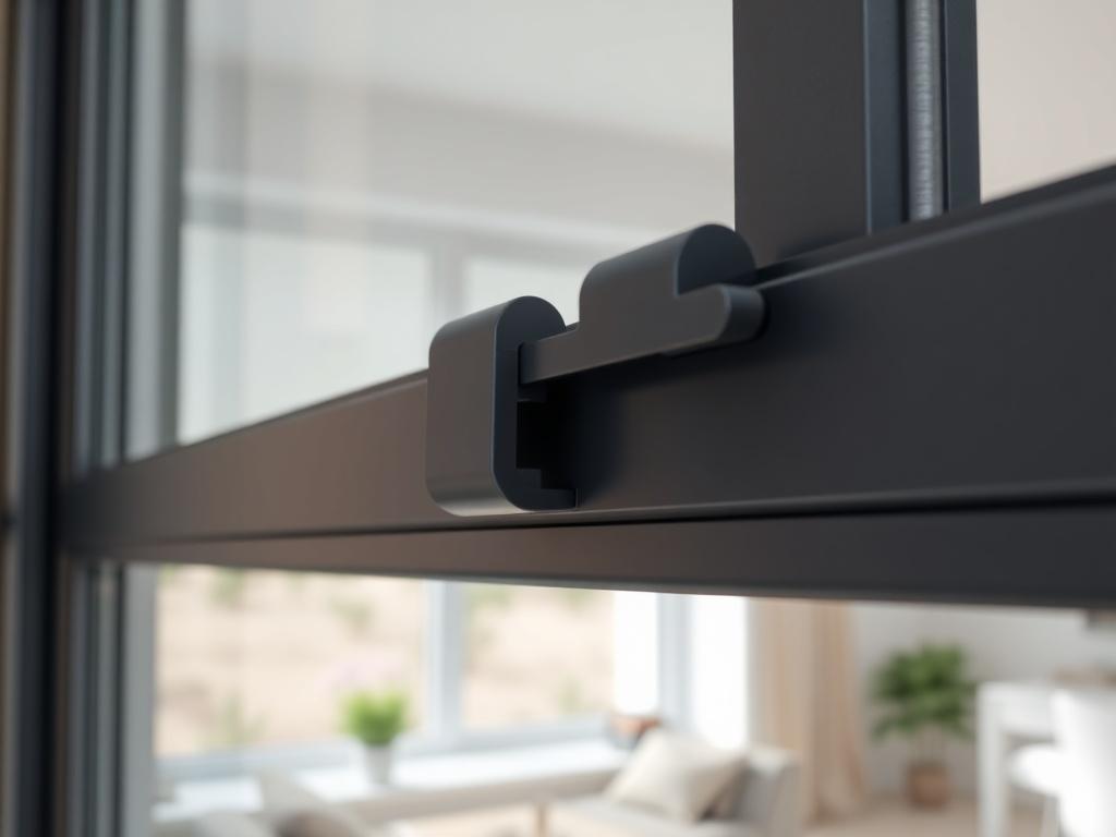 A close-up shot of the Baydee uPVC 2.5 Track 80 Series sliding door/window system in a modern home setting. The focus should be on the sleek design and smooth sliding mechanism, showcasing the high-quality rollers and integrated mosquito mesh. The background should be a bright, contemporary interior, highlighting the window’s clean lines and modern aesthetic. Use a hyper-realistic style with a focus on details, textures, and colors that complement the primary color rgb(50, 170, 39).