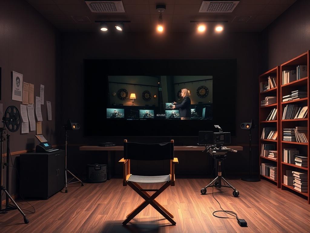 A realistic high-resolution photo of a film editing room featuring a large screen displaying uncut footage from a movie. The room is dimly lit with soft, warm lighting, creating an intimate atmosphere. A director's chair sits in the foreground, with film reels and editing equipment visible. The background showcases shelves filled with scripts and production notes, conveying a sense of creativity and behind-the-scenes action.