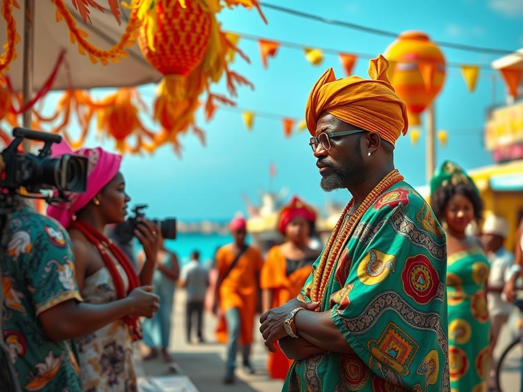 A vibrant seaside city during carnival, showcasing a film set with Nollywood actors in traditional attire, lively carnival decorations in the background, bright colors, and a bustling atmosphere, capturing the essence of storytelling and cultural celebration.