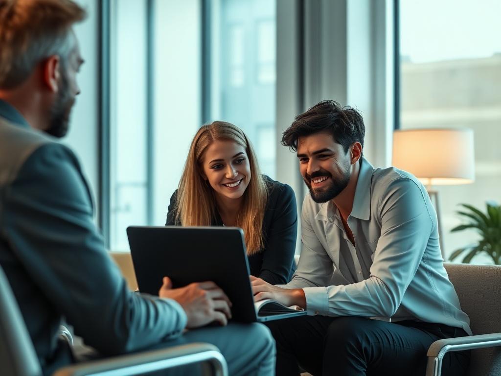 A professional setting where potential investors are reviewing film content on a laptop, with visuals of the film's scenes displayed. The atmosphere should convey professionalism and excitement, reflecting the potential for collaboration.