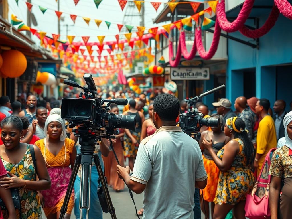 A vibrant scene capturing the bustling atmosphere of Calabar during carnival, with colorful decorations, excited crowds, and film crew setting up equipment. The focus should be on the film crew working amidst the carnival festivities, showcasing the lively spirit of the city.