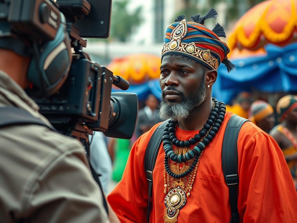 A close-up shot of a film crew member capturing behind-the-scenes footage, with a Nollywood actor in costume preparing for a scene. The background should feature film equipment and the vibrant colors of Calabar's carnival.