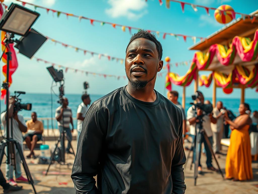 A captivating behind-the-scenes shot of the film production set for Shadows of Honor, capturing top Nollywood actors in action. The scene features a bustling crew, with equipment scattered around, and vibrant carnival decorations in the background. The focus is on a lead actor expressing emotion, with crew members adjusting lighting and sound equipment, showcasing the dynamic atmosphere of filming. The composition highlights the collaboration and creativity involved in making the film, set against the serene seaside backdrop of Calabar.
