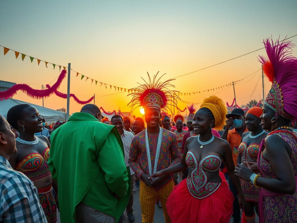 An engaging scene depicting the colorful carnival festivities happening on the set of Shadows of Honor. The image showcases actors in vibrant costumes celebrating, with festival decorations and traditional dancers in the background. Laughter and joy fill the air as crew members capture the lively interactions. The sun sets beautifully on the horizon, illuminating the festive spirit of Calabar. This image embodies the fusion of culture and film, highlighting the unique environment in which the story is being brought to life.