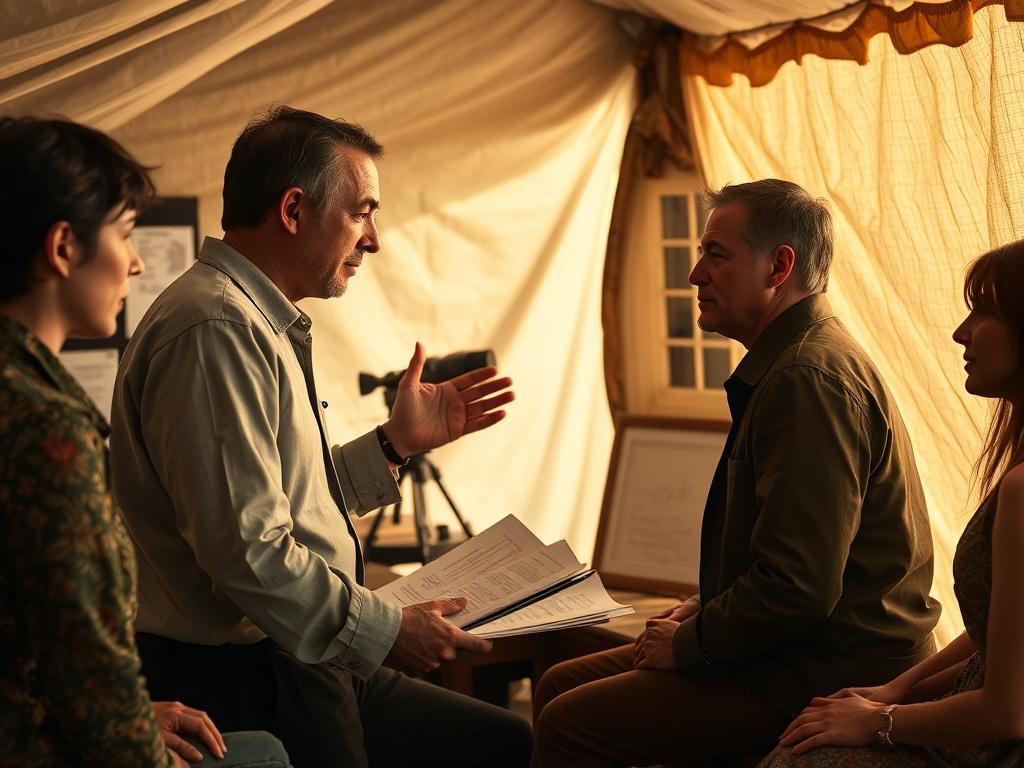 An intimate moment captured of the director of Shadows of Honor discussing the film's vision with the actors. The setting includes a well-decorated production tent filled with storyboards and scripts. The director passionately gestures, while actors attentively listen, their expressions reflecting deep engagement. Natural light pours in, creating a warm atmosphere that symbolizes creativity and collaboration. This image represents the heart of filmmaking, showcasing the importance of storytelling and director-actor dynamics in bringing the script to life.