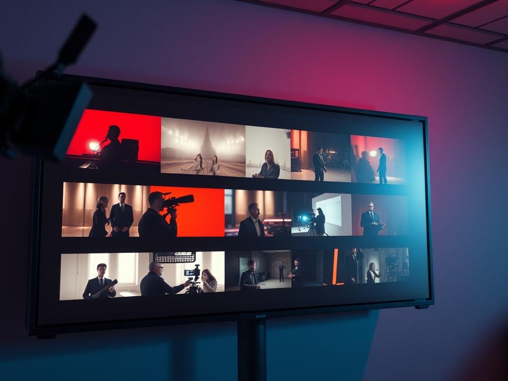 A high-resolution photo of a digital screen displaying a gallery of behind-the-scenes videos from a film set. The image should feature vibrant colors and a clean, minimalistic design, emphasizing the connection between technology and storytelling in the filmmaking process.