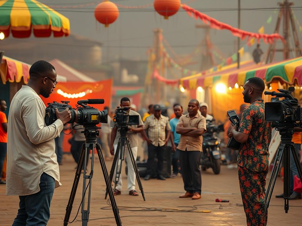 A high-resolution photo of a film set featuring Nollywood actors rehearsing a scene, with crew members setting up equipment around them. The background shows a vibrant carnival atmosphere, blending the excitement of filmmaking with the local culture. The image should be minimalistic, focusing on the actors and crew, with bold vibrant colors reflecting the lively ambiance.