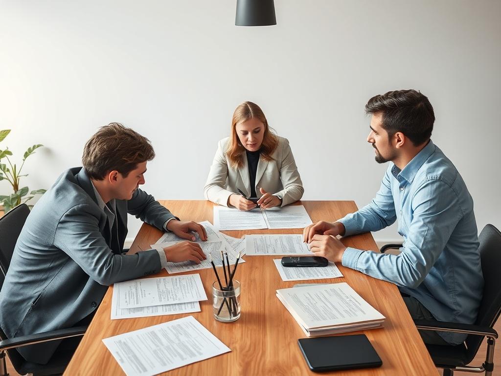 A high-resolution photo showcasing a group of professionals discussing over a table with scripts and production plans for a film. The image should capture a dynamic atmosphere of collaboration, with vibrant colors and clean lines, emphasizing the seriousness yet excitement of film investment discussions.