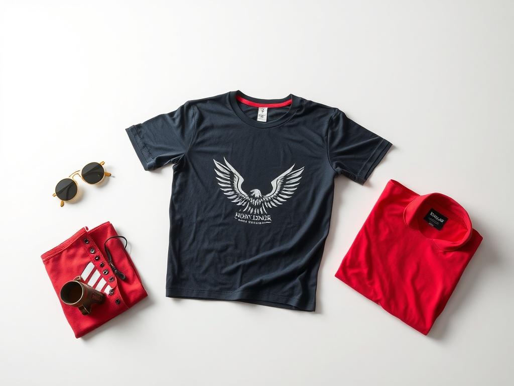 A high-resolution photo of stylish merchandise related to the film Shadows of Honor. The image features a well-designed T-shirt with a unique graphic representing the film, laid out on a clean surface. The background is minimalistic and bright, emphasizing the vibrant colors of the merchandise. The composition should focus on the T-shirt as the central subject, showcasing the quality and detail of the fabric. The lighting should be soft yet clear, highlighting the texture and colors of the merchandise.