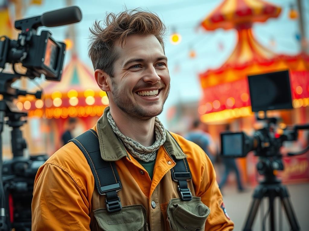 A vibrant, high-resolution portrait of a film crew member on set, smiling and engaged in their work. The background features film production equipment and a colorful carnival scene, highlighting the excitement of movie-making. Emphasize the crew member's enthusiastic expression and their unique attire, capturing the essence of creativity and teamwork. Use clean lines, bold colors, and minimalistic composition to focus on the subject.