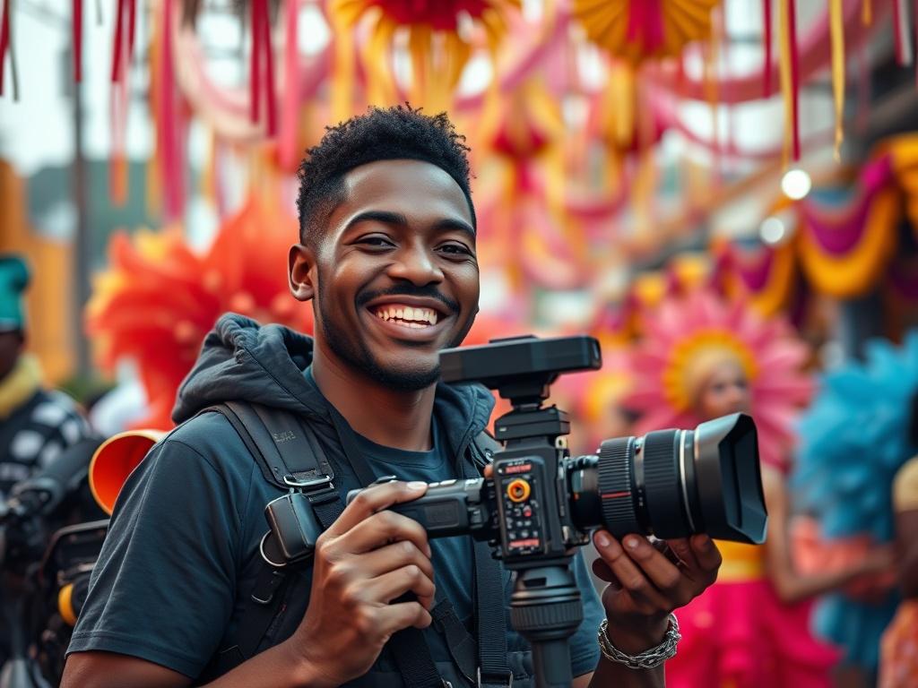 A high-resolution, photorealistic image of a film crew member holding a camera with a joyful expression, surrounded by vibrant carnival decorations and colorful costumes in the background. The scene should convey excitement and creativity, with bright, bold colors that reflect the festive atmosphere of the carnival in Calabar. The focus should be on the crew member, capturing the essence of filmmaking and celebration.