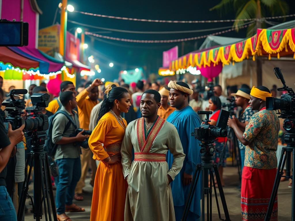 A vibrant scene from a film set in Calabar, showcasing