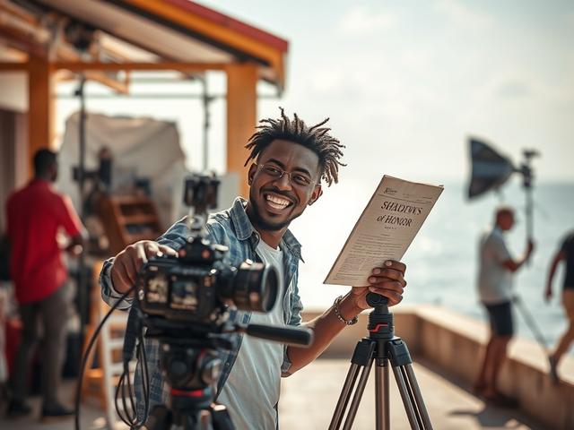 Create a realistic high-resolution photo that captures the essence of behind-the-scenes filmmaking for a project titled "Shadows of Honor." The composition should be simple and clear, featuring a single subject: a passionate Nollywood actor in mid-gesture, expressing excitement and creativity as they hold a film script in one hand while a film camera is set up in front of them on a tripod.

In the background, incorporate elements that signify the bustling film set, such as soft lighting equipment and crew members blurred out to maintain focus on the actor. Use a vibrant seaside setting to hint at Calabar, with bright natural light casting soft shadows on the scene. 

The actor should wear casual yet stylish attire with a hint of local culture, reflecting their involvement in this unique project. The overall color palette should be bold and vibrant, with a predominance of warm tones to emphasize the energy and enthusiasm behind the making of the film.

Capture the moment in a way that invites the viewer to discover the creative journey behind Shadows of Honor, showcasing the passion and dedication of those involved in the filmmaking process while highlighting the unique storytelling that this project promises to deliver.