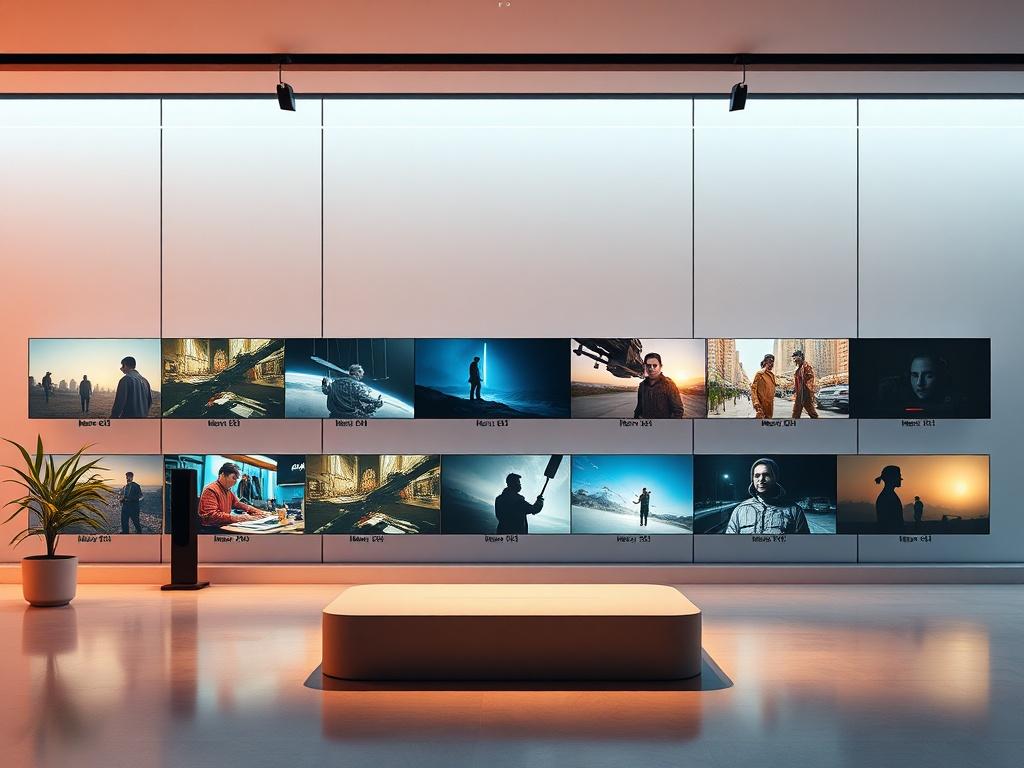 A sleek, modern digital gallery displaying various multimedia content from