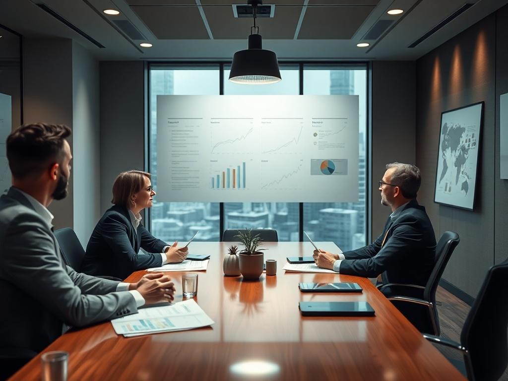 A high resolution, photorealistic image of a sophisticated meeting room